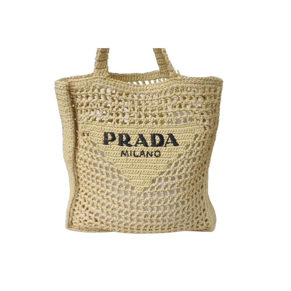 Prada raffia Beige Tan RAFIA wicker straw tote black basket bag